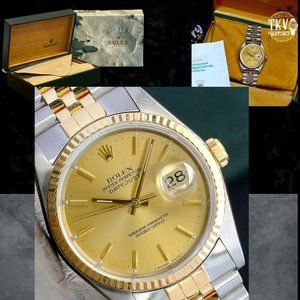 ROLEX MENS DATEJUST GOLD & STEEL CHAMPAGNE DIAL FLUTED 36MM WATCH BOX & PAPERS